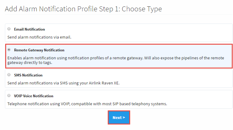 Alarm Notification Add Remote Gateway Notification Profile Step 1