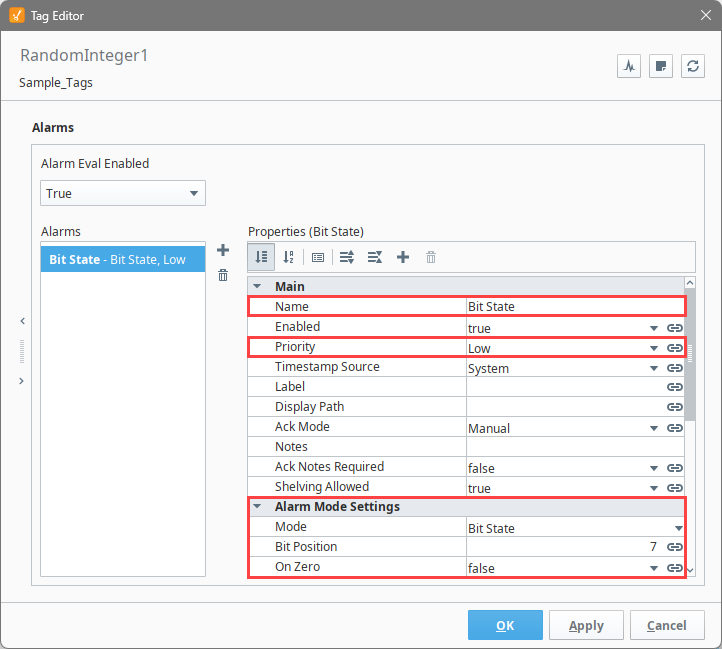 Tag Editor showing a Bit State alarm with the Bit Position set