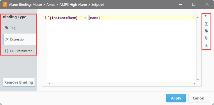 Alarm binding editor with an Expression binding on the Setpoint property