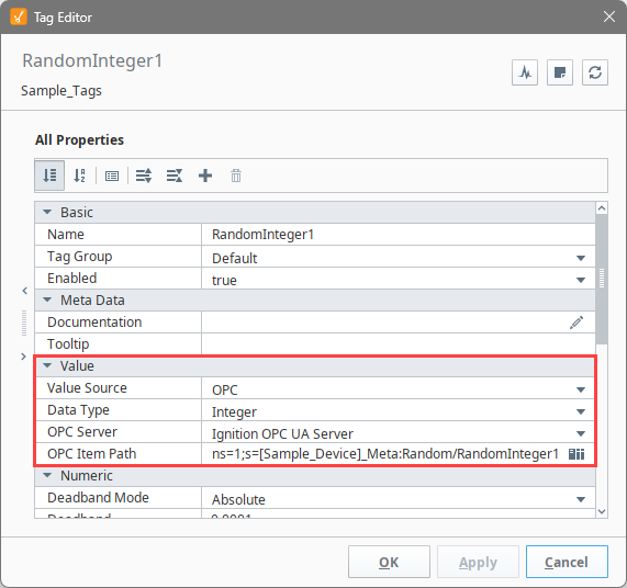 Tag Editor showing an integer OPC tag with Value Source set to OPC and Data Type set to Integer