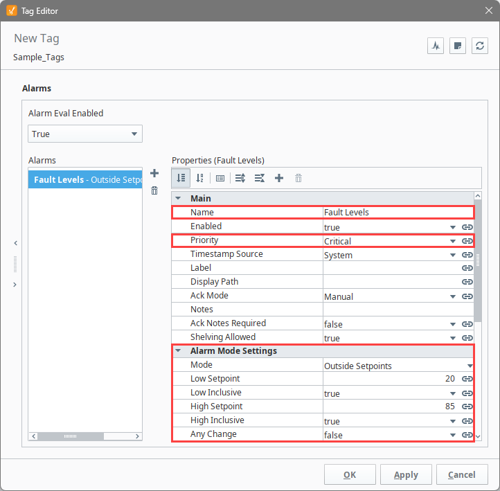 Tag Editor showing the Fault Levels alarm configured on a Memory tag