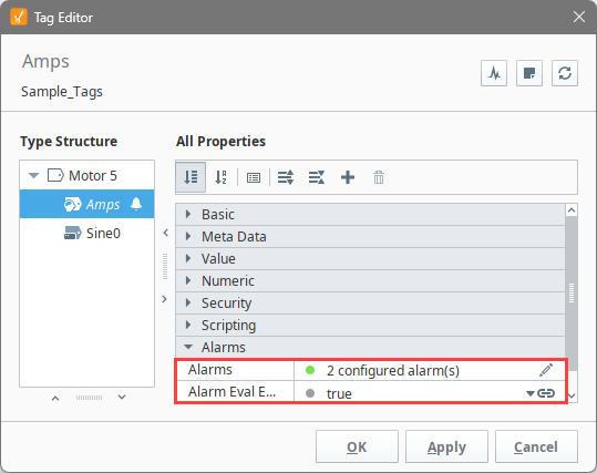 Tag Editor showing the alarm icon on the Amps tag of a Motor UDT instance