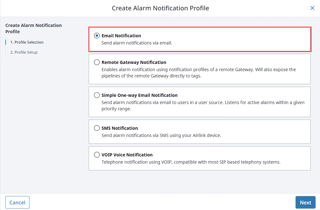 Select Email Notification profile type