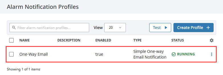 Simple One-Way Email Notification Profile listed with a Running status