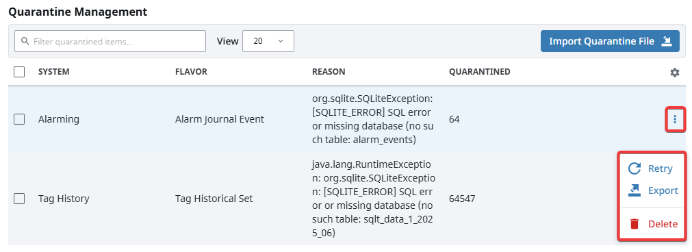 Quarantine Data Three Dots Menu Options