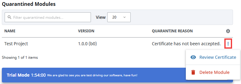 Quarantined Module Three Dots Menu