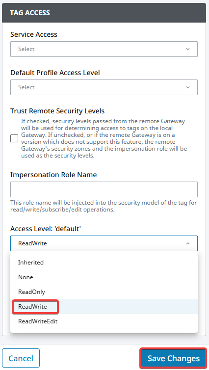 Edge GW Remote Tag Read Write Access Level