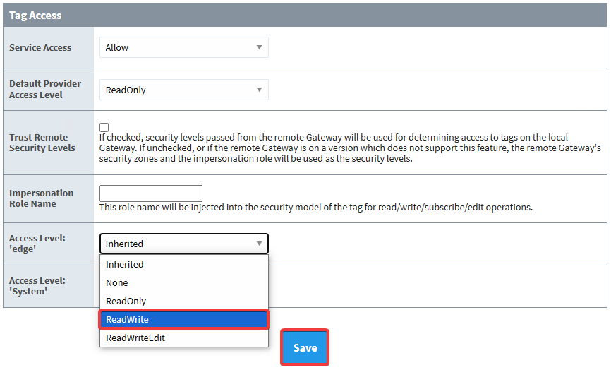 Edge GW Remote Tag Read Write Access Level