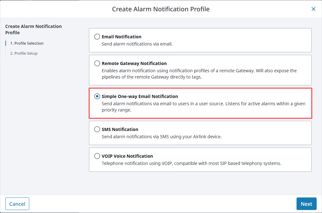 Select Simple One-Way Email Notification from profile options
