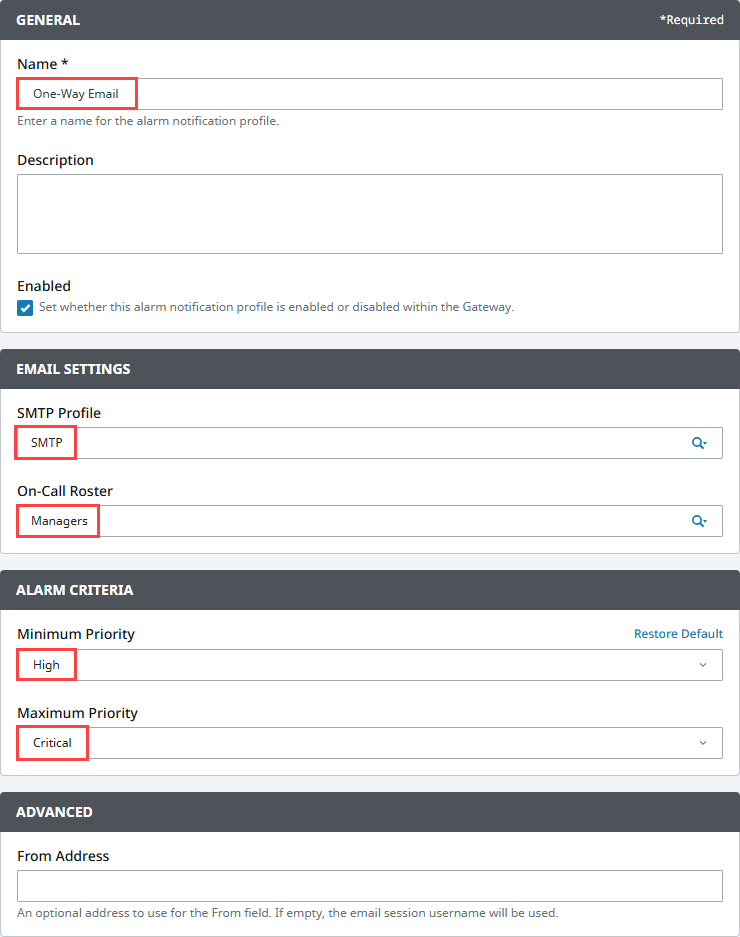 Configure Simple One-Way Email Notification Profile form showing example values