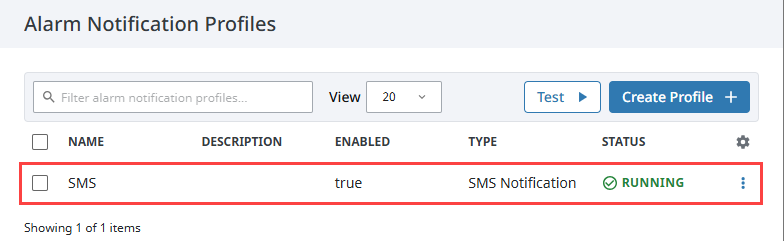 SMS Notification Profile listed with Running status