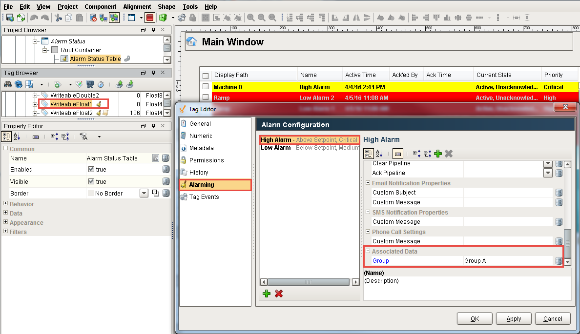 Alarm on Tag Configuration