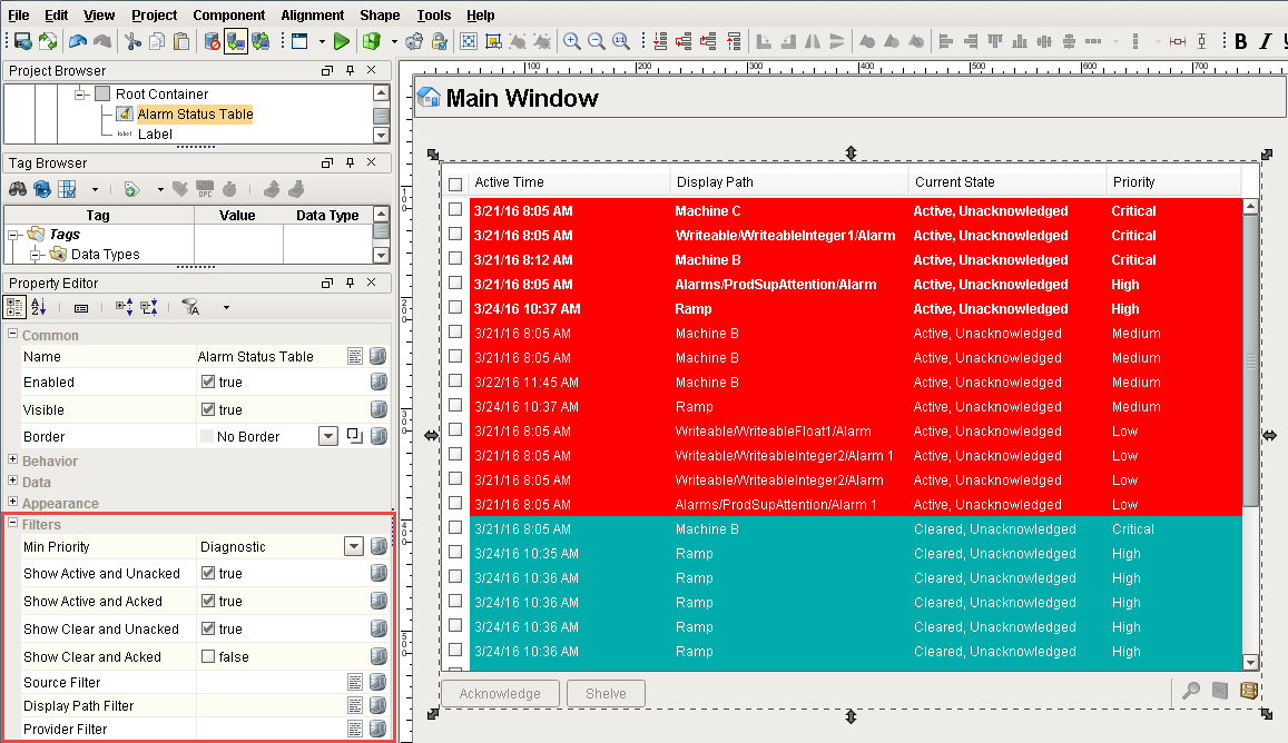 Alarm Status Table Filters