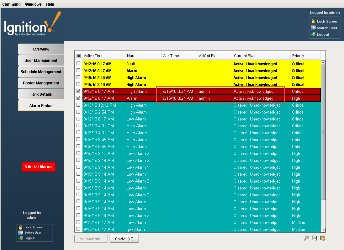 Alarm Status Table in Vision Client Acknowledged Emphasis