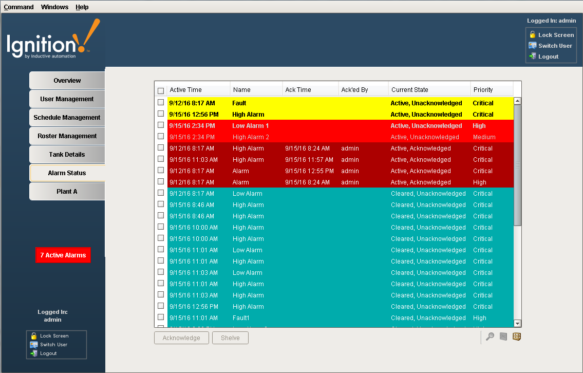 Alarm Status Table in Vision Client Non Marquee Mode