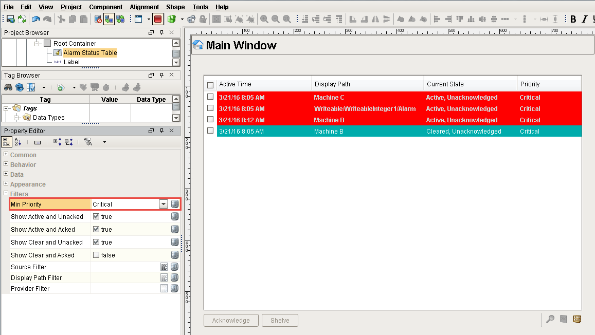 Alarm Status Table Min Priority Critical