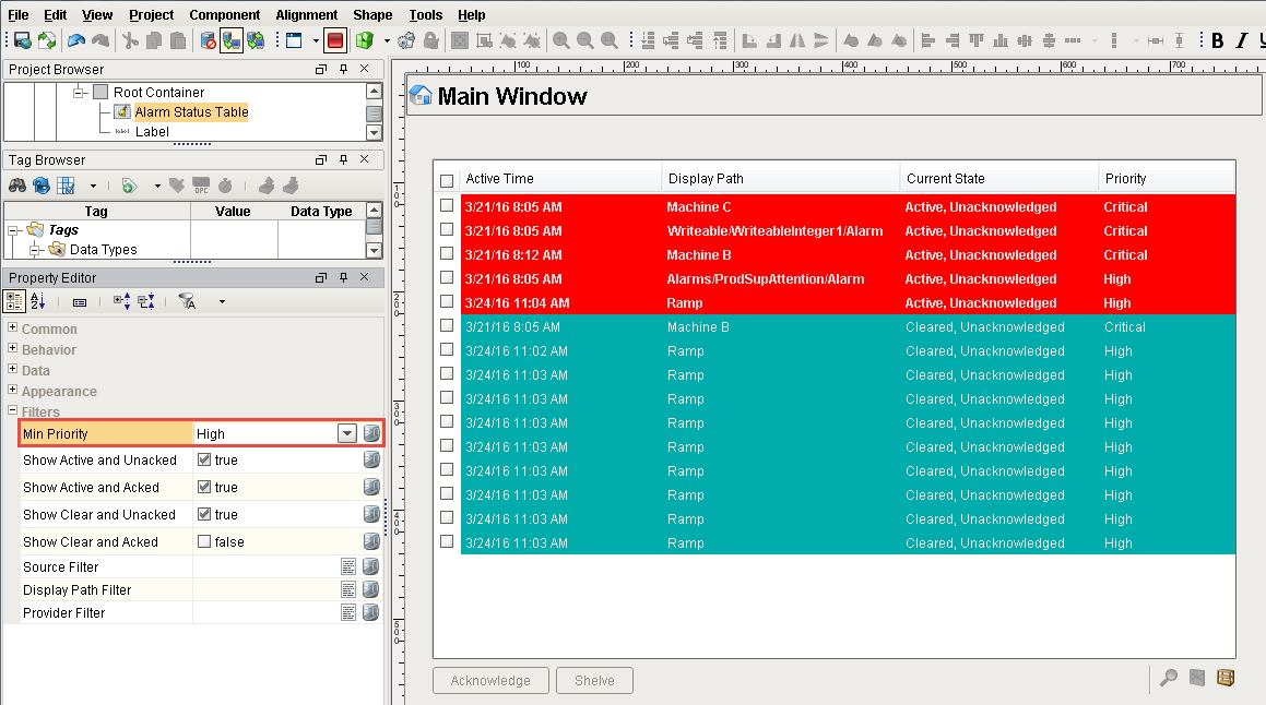 Alarm Status Table Min Priority High