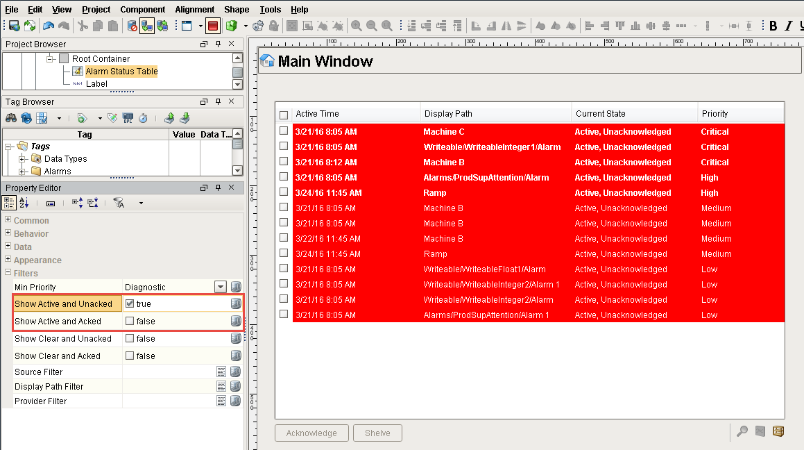 Alarm Status Table State Active and Unacked Only