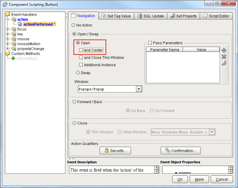 Popup Window Properties Uncheck and Center